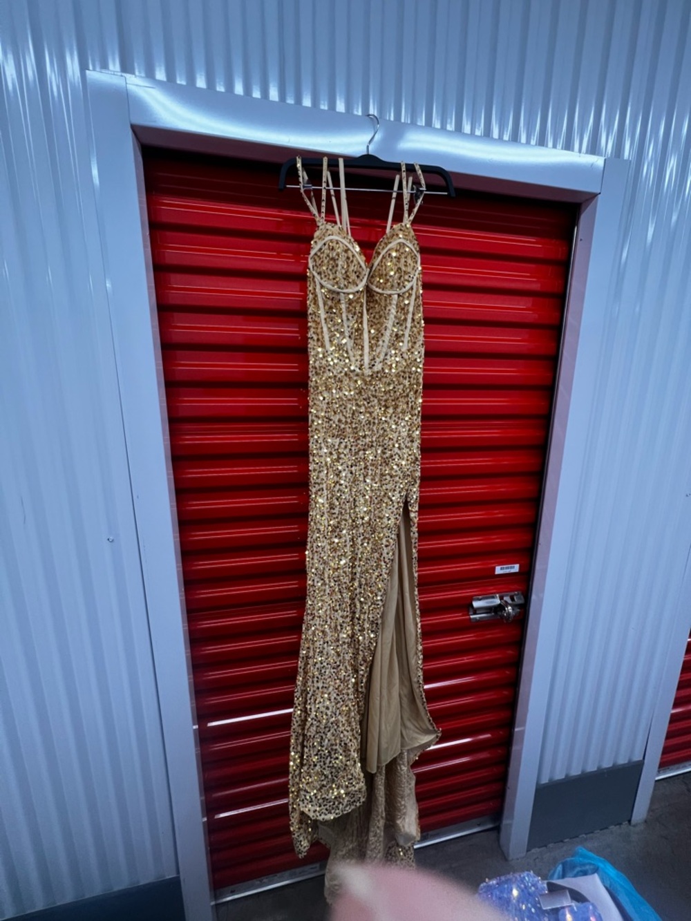 Gold Sequin Evening Gown with Strappy Bodice
